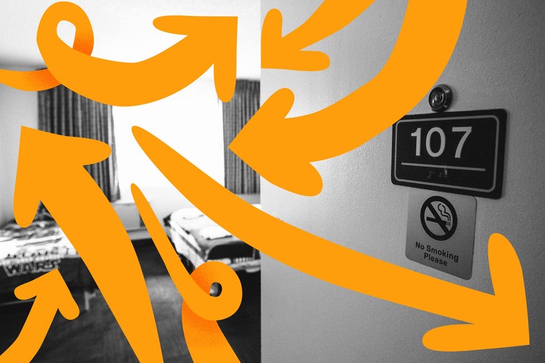 A room provided by Amazon to Mary's Place, superimposed with Amazon logo like arrows going in every direction.
